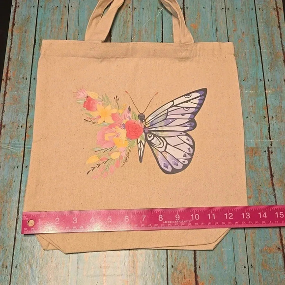 Hand Crafted| Canvas Tote | Butterfly decal | Medium Size | Beige - Picture 4 of 6